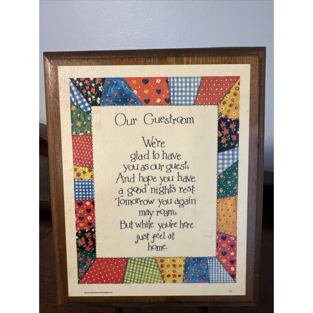 10x8" 1976 VNTG Guestroom Poem Wall Art Plaque Quilted Trim Cottage Wood Mounted